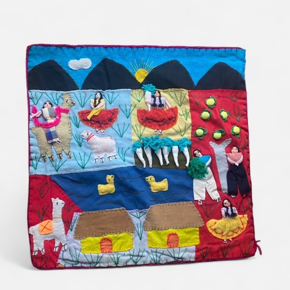 Vintage Peruvian handmade arpillera folk art wall Tapestry 19x16